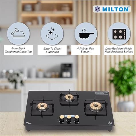 milton champion toughened glass top gas stove 3 burners